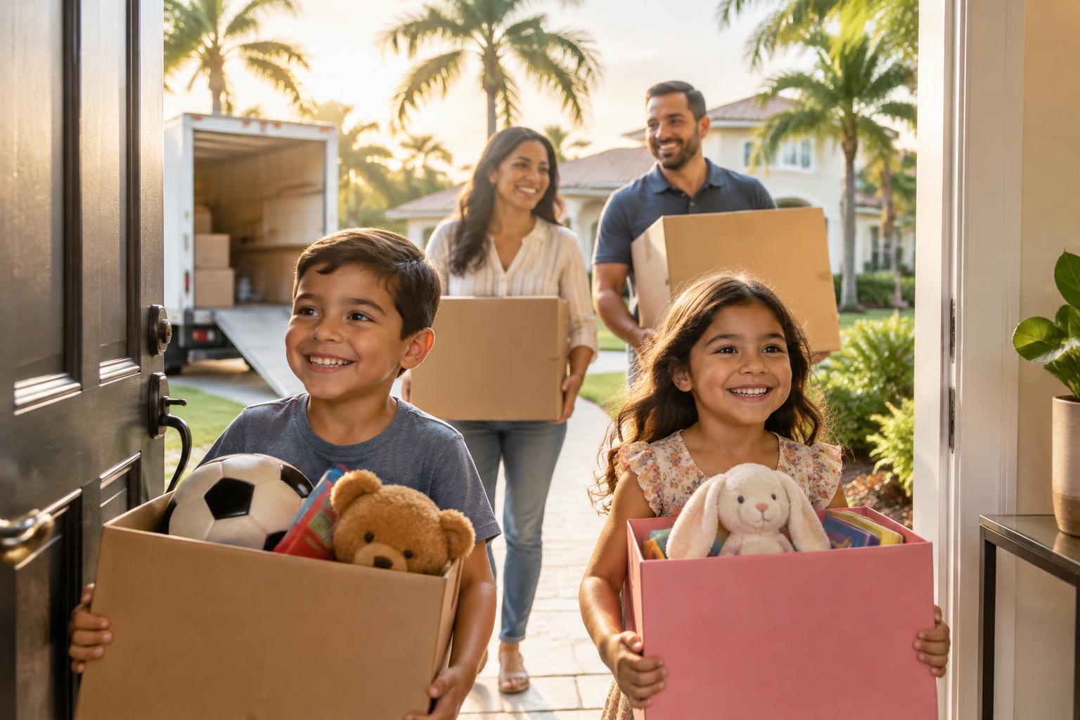 Familia feliz mudándose a su nueva casa en Florida