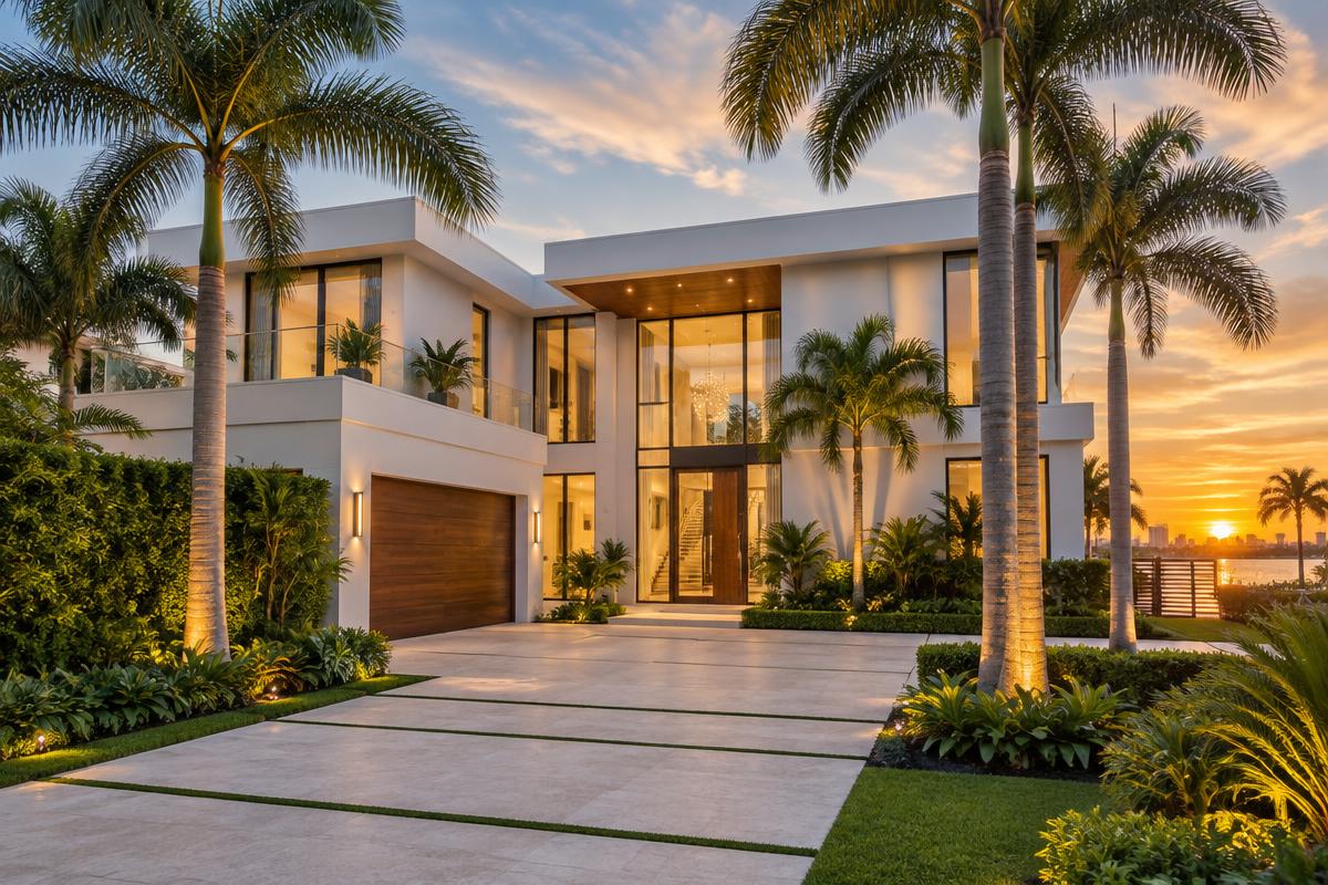 Casa moderna blanca con jardín y palmeras en Florida, ilustración de una residencia principal
