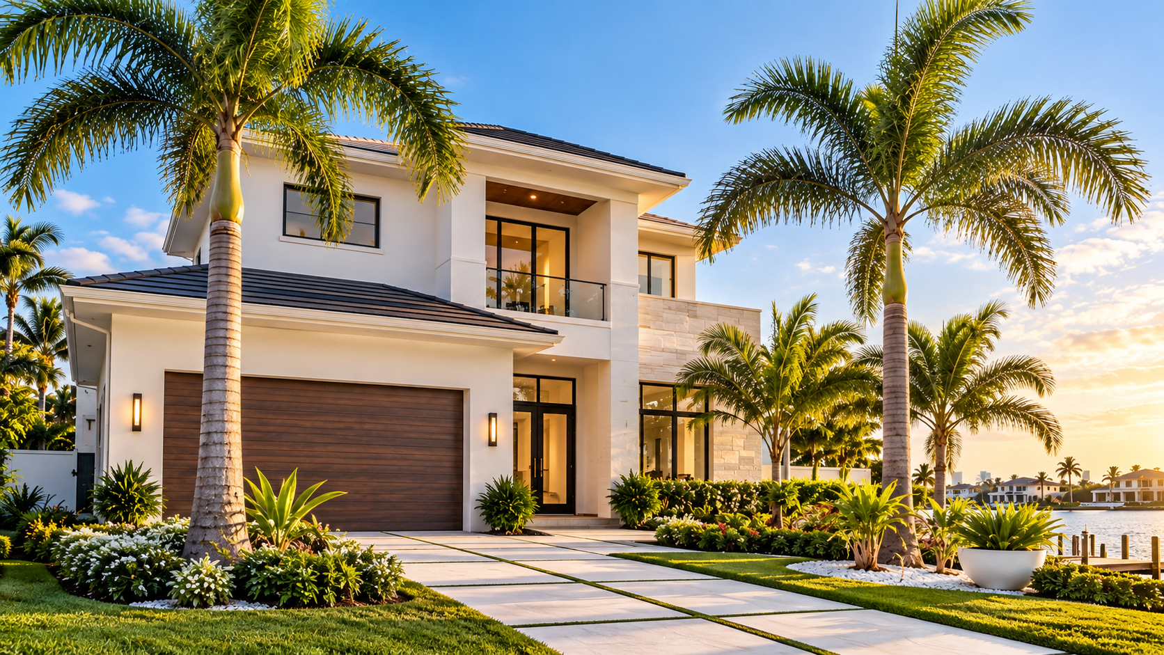 Casa moderna frente al agua con palmeras en el sur de Florida