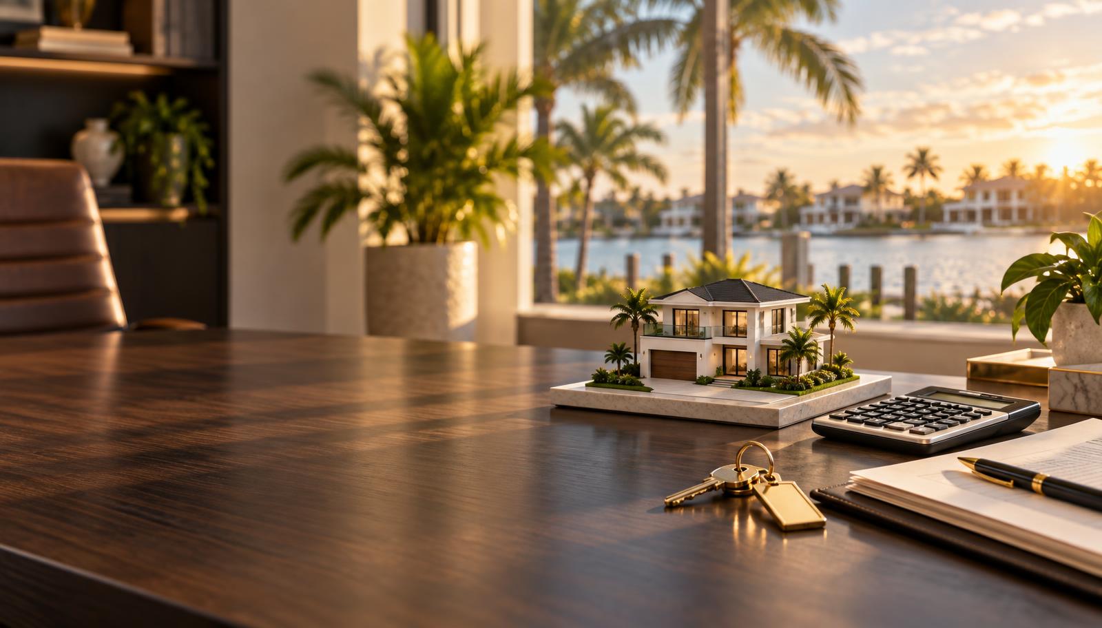 Calculadora, llaves y una casa pequeña sobre una mesa de negocios en Florida